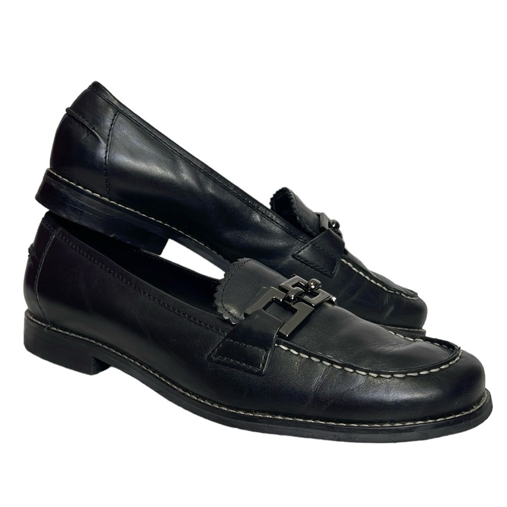 Franco Sarto Loafers Slip On Shoes 8.5 M Metallic Black Leather Horse bit Womens